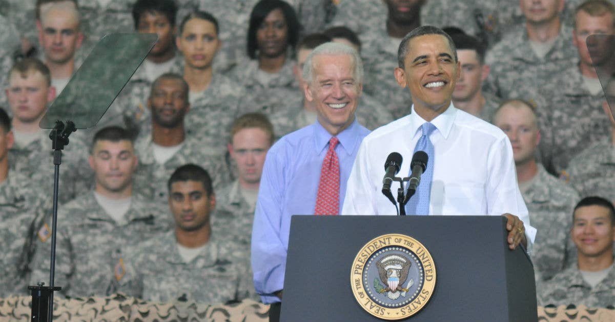 President Barack Obama, flanked by Vice President Joe Biden, addresses Soldiers with the 101st Airborne Division during a visit to Fort Campbell, Ky., May 6, 2011. Photo from Fort Campbell Courier.