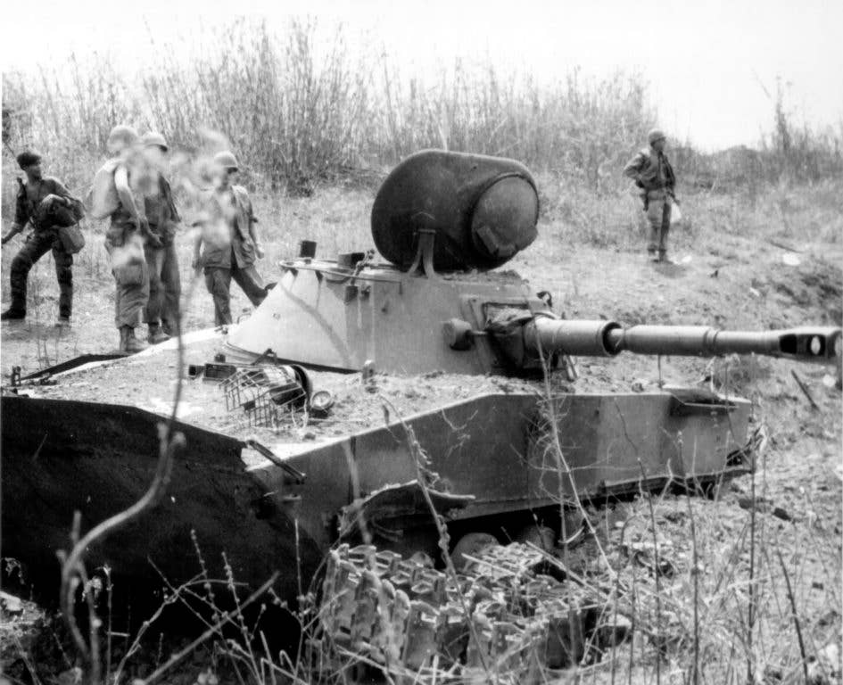 A PT-76 that was destroyed during the Battle of Ben Het. (US Army photo)