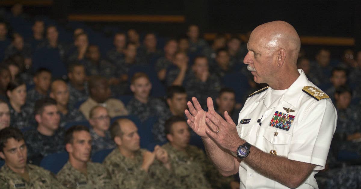 Adm. Scott Swift, commander of US Pacific Fleet, talks to Hawaii region chief selects and chief petty officers. Navy photo by Mass Communication Specialist 3rd Class Katarzyna Kobiljak.