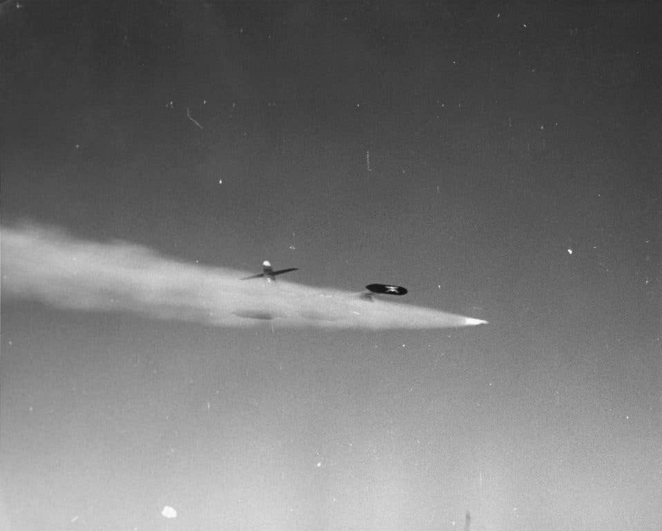 A F-89 Scorpion firing an AIR-2 Genie rocket. (U.S. Air Force photo)