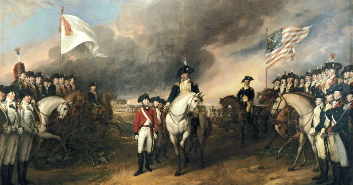Surrender of Lord Cornwallis by John Trumbull, depicting the British surrendering to French (left) and American (right) troops. Oil on canvas, 1820.