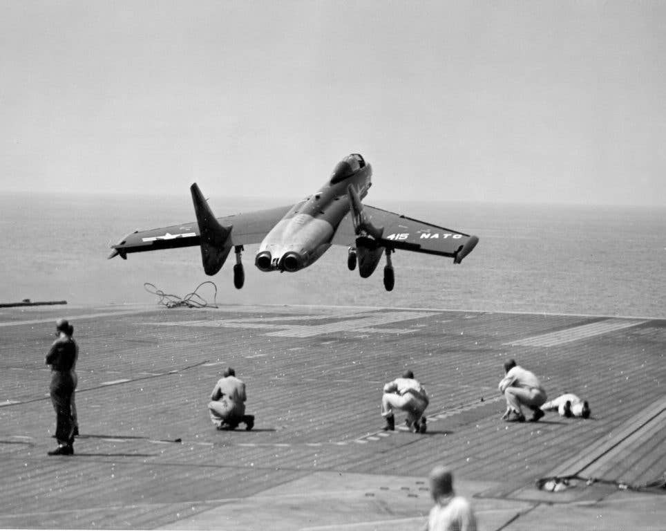 A F7U takes off from USS Midway (CVB 41). (US Navy photo)