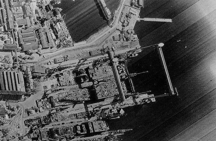 Satellite image showing a Kiev-class carrier under construction. (NRO photo)