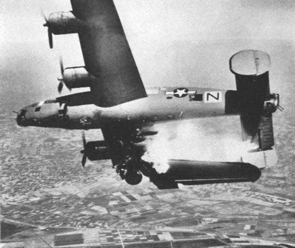 A B-24 that was hit by German flak on April 10, 1945. One crewman survived. (USAF photo)