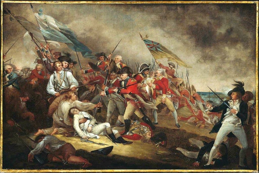 The American dying in the center of this painting is American Maj. Gen. Joseph Warren. The stabber with the bayonet was a Royal Marine. Awkward. (Painting: John Trumbull, Public Domain)