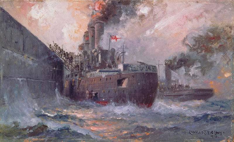 Royal Marines charge off the HMS Vindictive against the Mole at Zeebrugge, Belgium. (Painting: Imperial War Museums Art)