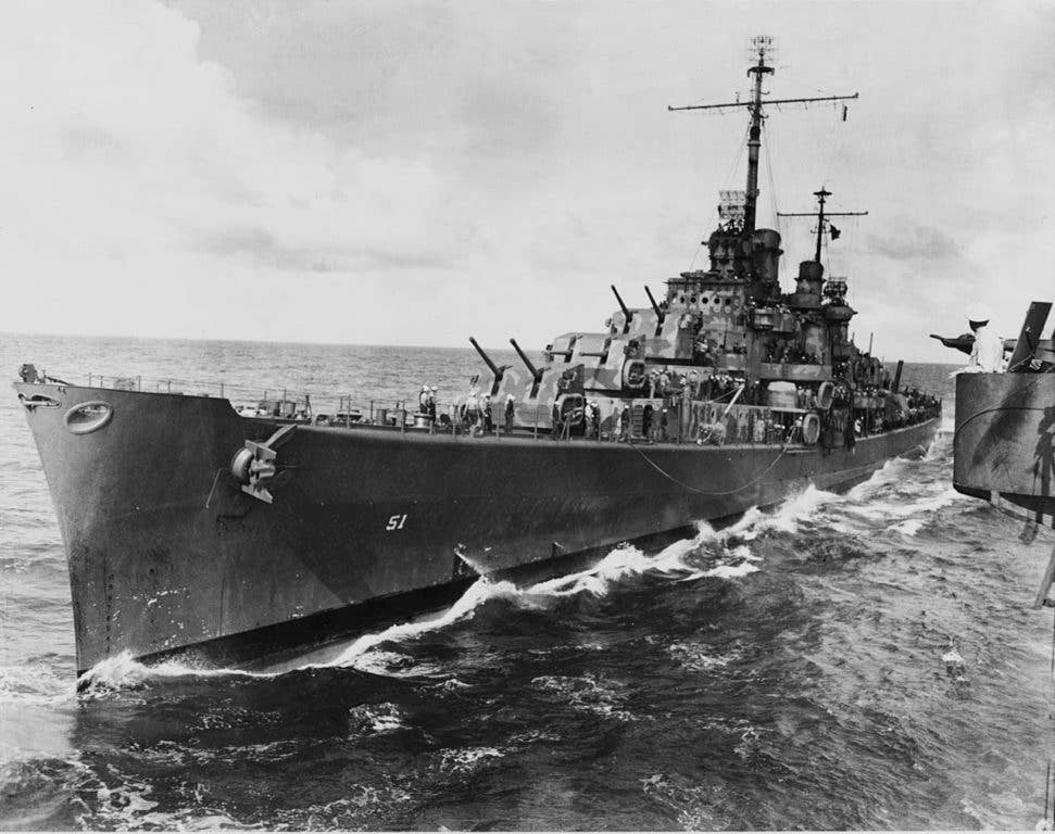 USS Atlanta (CL 51) in 1942, coming up to USS San Francisco (CA 38). (US Navy photo)