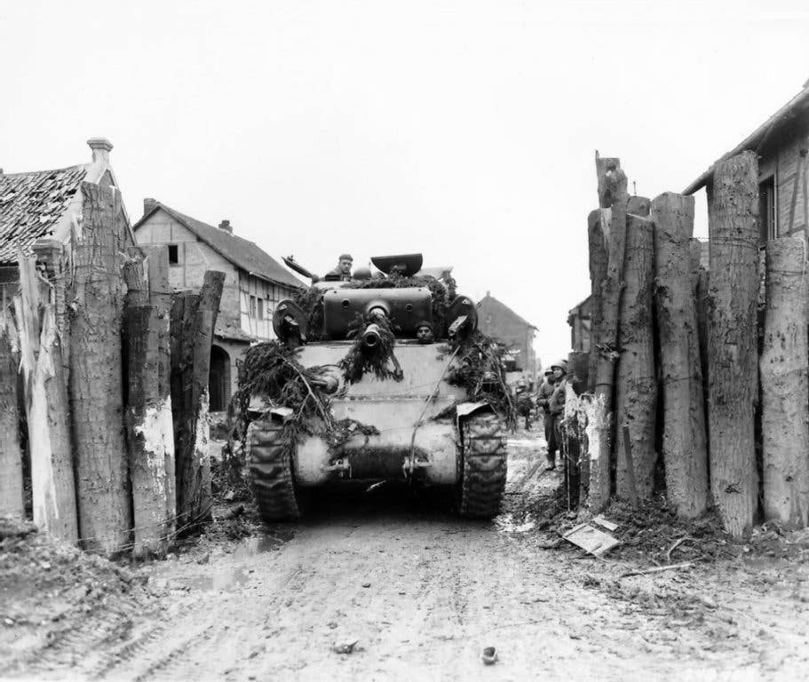 A 1st Infantry Division tank in Germany in world War II. Maj. Gen. Terry Allen left the 1st Inf. Div. to command the 104th Inf. Div., a unit which quickly proved itself after arriving in France in 1944. (Photo: U.S. Army Tech. Sgt. Murray Shub)