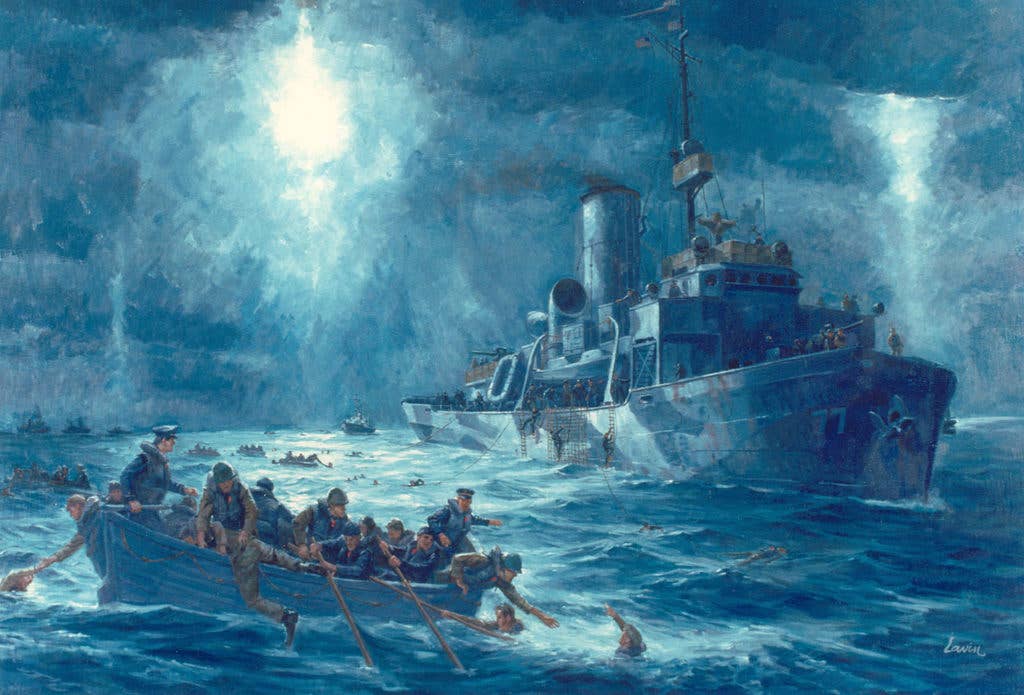 Painting of the rescue of USAT Dorchester survivors by USCGC Escanaba (WPG-77) on Feb. 3, 1943, in the North Atlantic Ocean. (U.S. Coast Guard image)