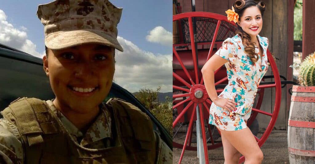 Daphne Bye during her time in the Marine Corps and in the 2018 Pin-Ups for Vets Calendar.