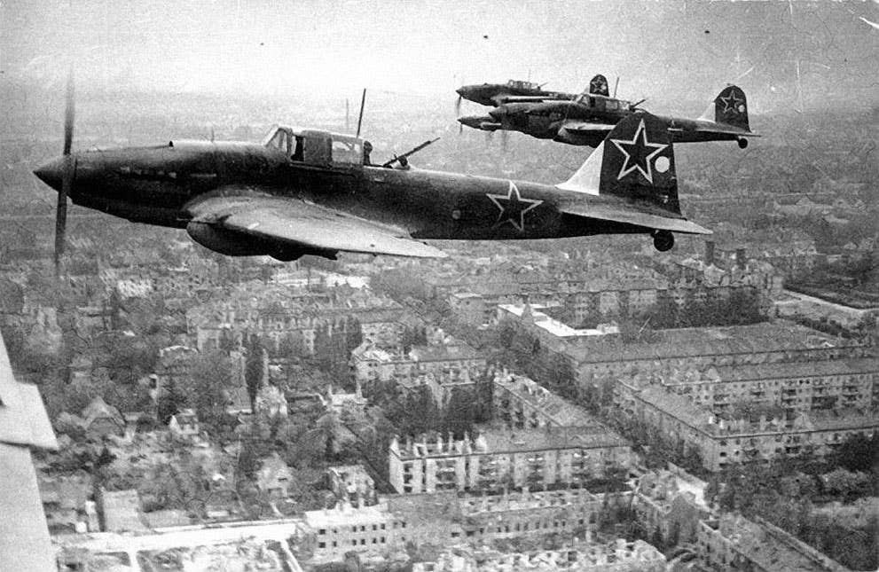 Soviet Il-2 over Berlin in 1945. Earlier models were single-seat aircraft.
