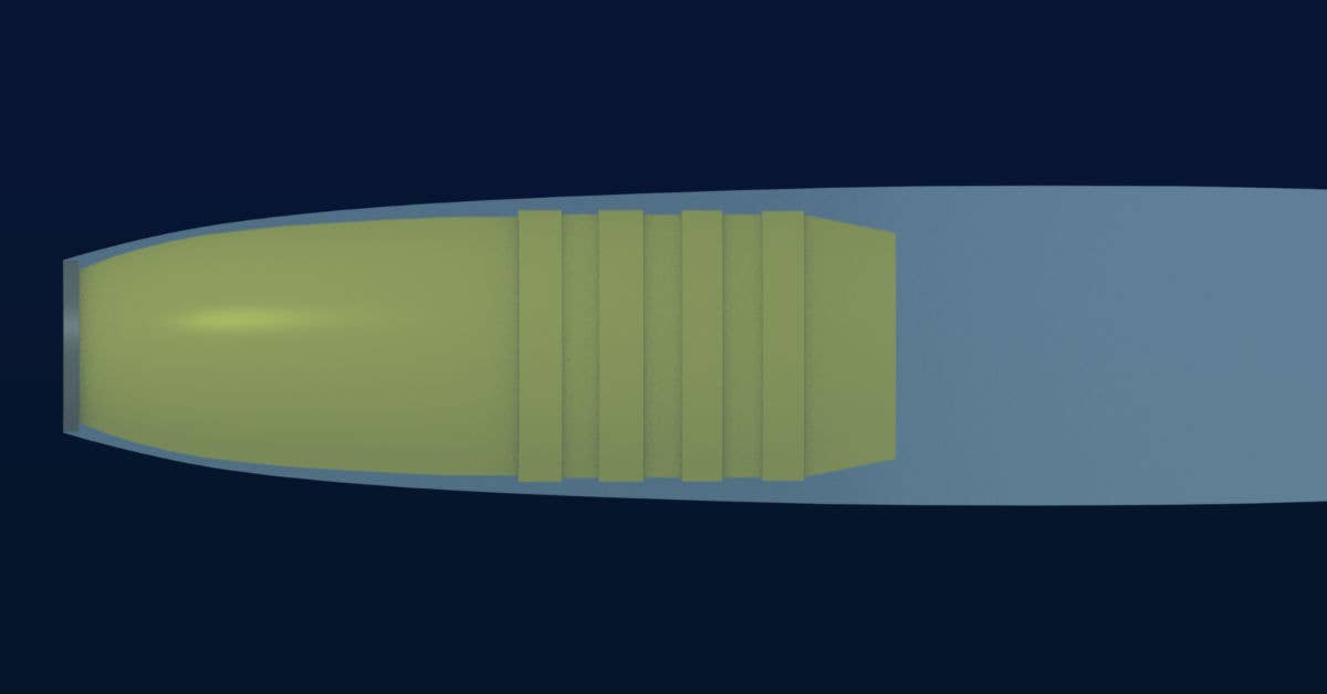 A 3D computer graphic showing the effect of supercavitation by means of a superpenetrator. As the object travels left, the blunt nose creates a pocket of air vapor (represented in light blue). Image from Wikimedia Commons.