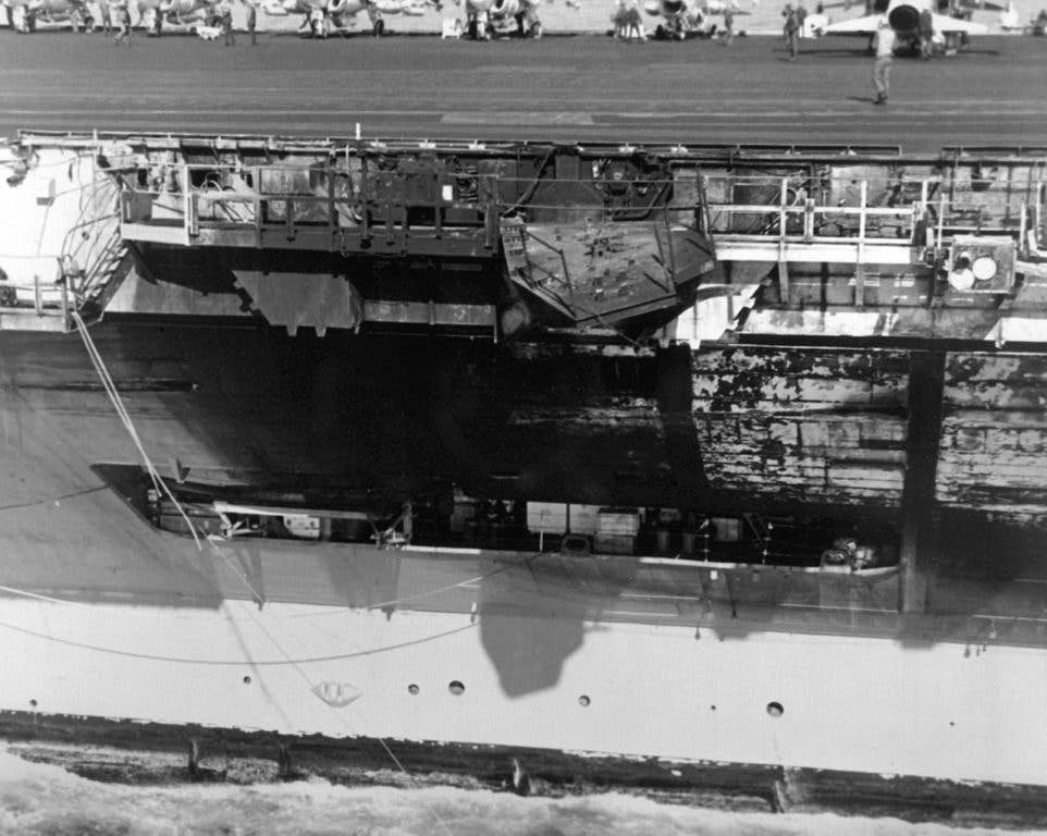 Damage done to USS John F. Kennedy (CV 67) after her collision with USS Belknap (CG 26). (US Navy photo)