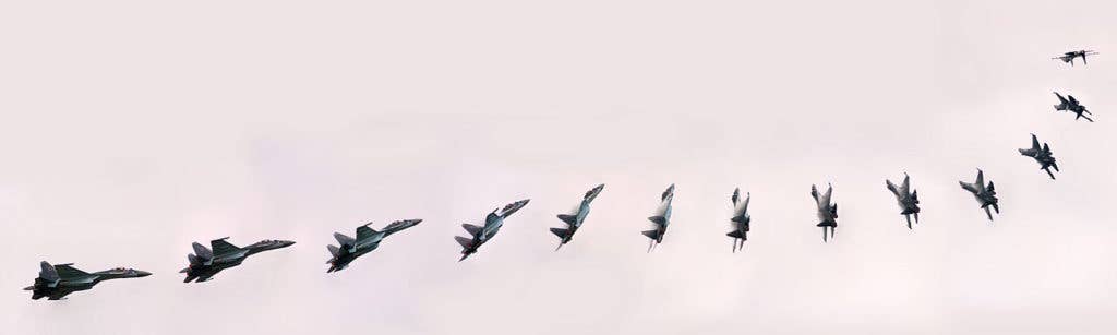This photo montage shows the Su-35S making an almost-impossible maneuver. (Wikimedia Commons)