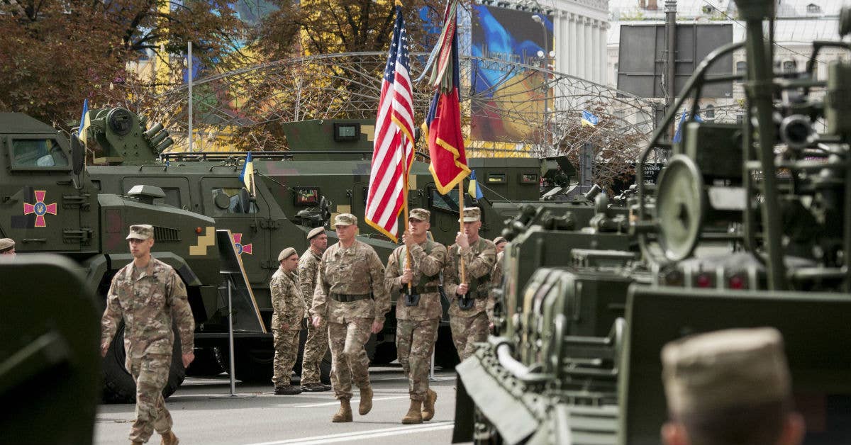 Oklahoma National Guard Soldiers from the 45th Infantry Brigade Combat Team march alongside Ukrainian troops and other NATO allies and partners during a parade in Kyiv, Ukraine on Aug. 24, 2017. Photo by Sgt. Anthony Jones.