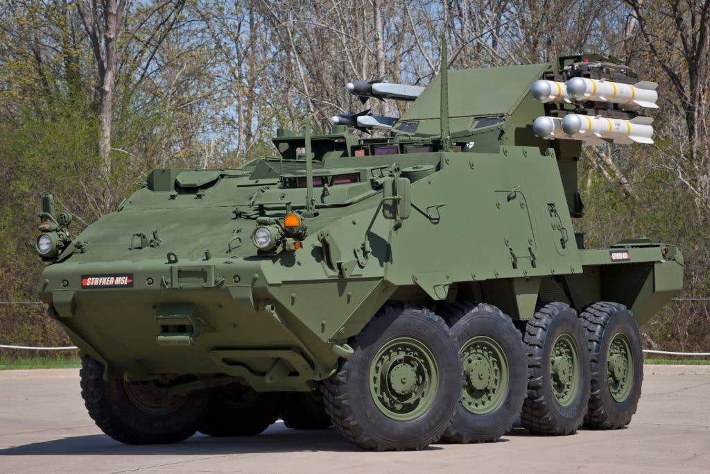 The Stryker Mobile SHORAD Launcher. SHORAD stands for short-range air defense. The four Hellfires can also ruin any tank's day. (Photo from General Dynamics Land Systems)