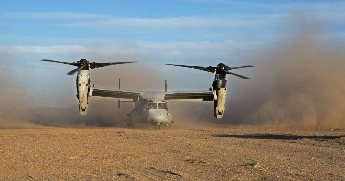 An MV-22 Osprey with Marine Medium Tiltrotor Squadron (VMM) 363 lands at Camp Wilson during Integrated Training Exercise (ITX) 3-17. (USMC photo by Lance Cpl. Becky L. Calhoun)