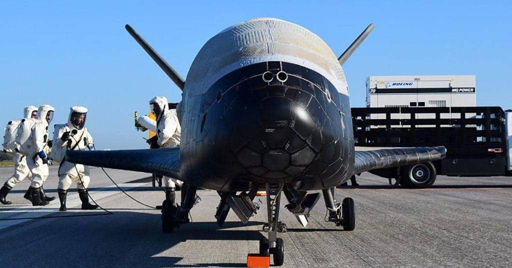 The U.S. Air Force's X-37B Orbital Test Vehicle 4 is seen after at NASA 's Kennedy Space Center Shuttle Landing Facility in Florida May 7, 2017. Managed by the Air Force Rapid Capabilities Office, the X-37B program is the newest and most advanced re-entry spacecraft designed to perform risk reduction, experimentation and concept of operations development for reusable space vehicle technologies. (U.S. Air Force courtesy photo)