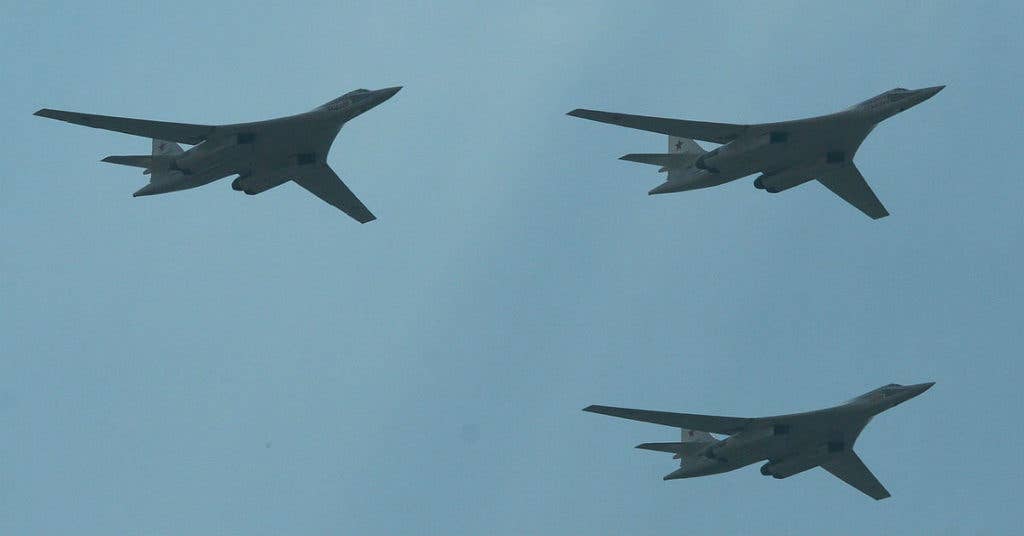Russian Tupolev Tu-160 bombers. Photo from Wikimedia Commons user Alan Wilson.