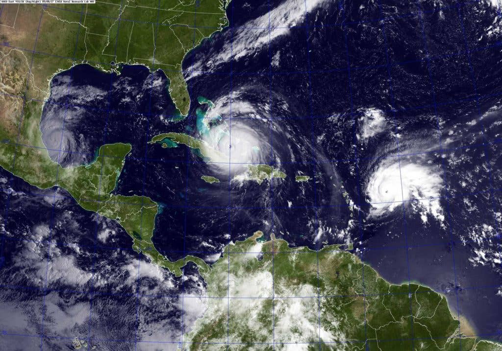 A GOES satellite image taken Sept. 8, 2017 at 9:45 a.m. EST shows Hurricane Irma, center, in the Caribbean Sea, Hurricane Jose, right, in the Atlantic Ocean, and Hurricane Katia in the Gulf of Mexico. Hurricane Irma is a Category 4 hurricane with sustained winds of 155 mph and is approximately 500 miles southeast of Miami, moving west-northwest at 16 mph. Hurricane warnings have been issued for South Florida, as the storm is expected to make landfall in Florida. (U.S. Navy photo courtesy of the NRL/Released)