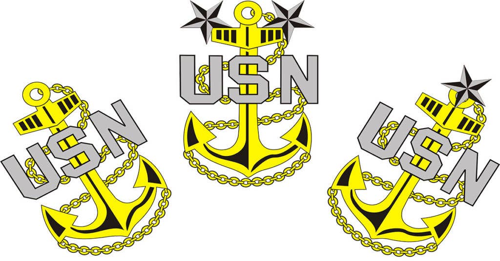 The Navy rank insignia of a Chief Petty Officer - E-7 (left), Master Chief Petty Officer - E-9 (middle), and Senior Chief Petty Officer - E-8 (right). (Source: The Goatlocker)