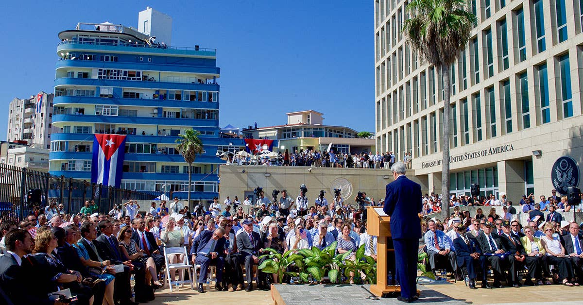 John Kerry delivers remarks at the flag-raising ceremony at the newly re-opened US Embassy in Havana, Cuba, on August 14, 2015. Photo from US State Department.
