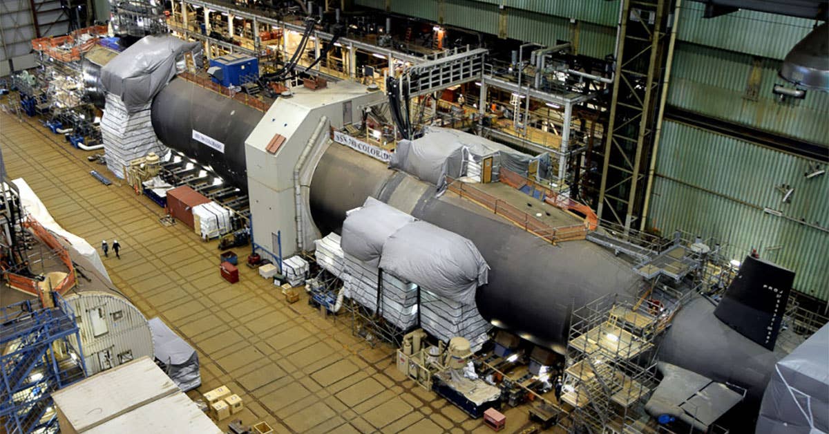 The the USS Colorado sits in the construction hall at General Dynamics Electric Boat Shipyard in Groton, Conn. Photo courtesy of General Dynamics Electric Boat.