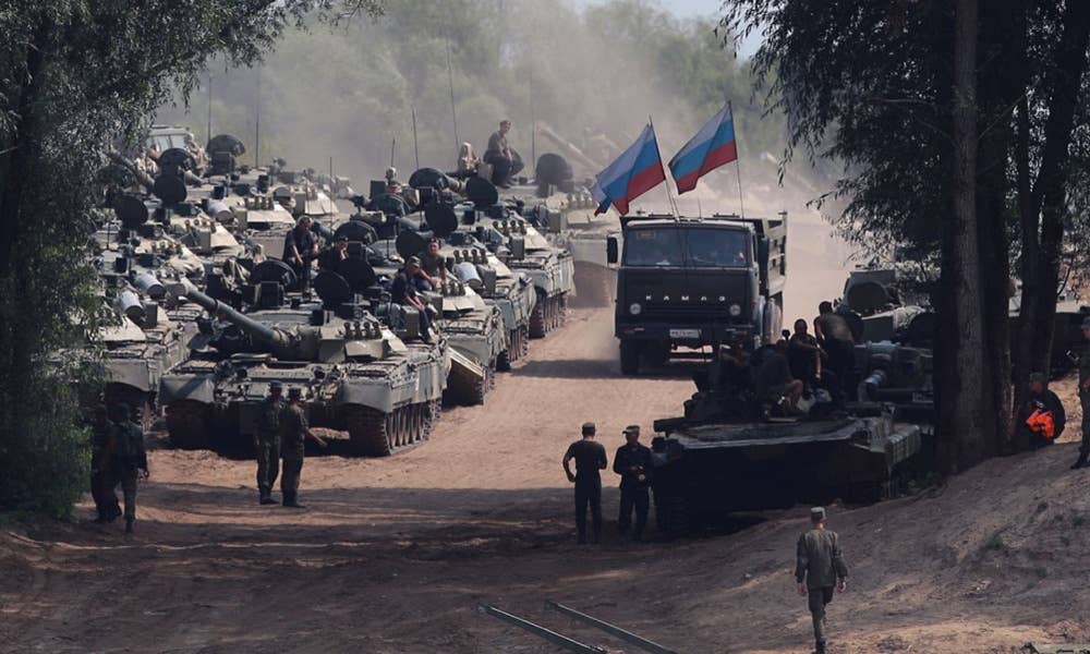 Russian troops form to move on the fictional enemy Veishnoriya.