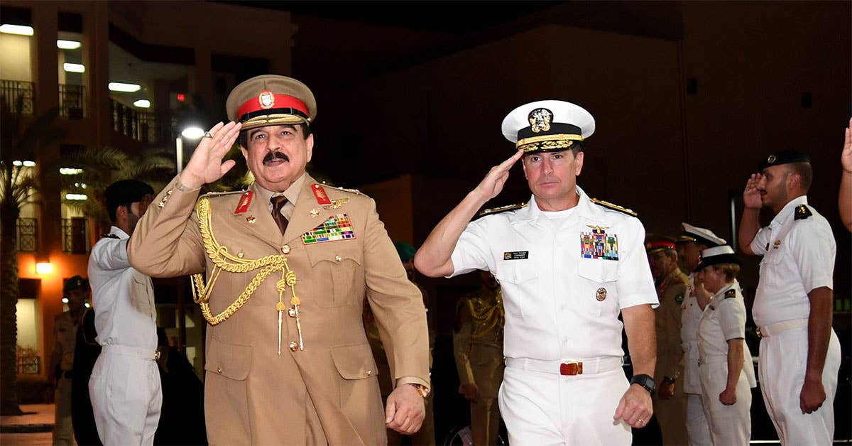 His Majesty, King Hamad bin Isa Al Khalifa, the King of the Kingdom of Bahrain, with Vice Adm. Kevin M. Donegan (right). Navy photo by Mass Communication Specialist 2nd Class Kevin Steinberg.