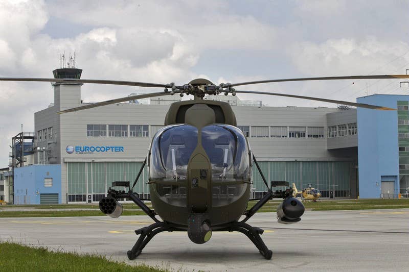 Airbus H145M, showing a gun pod on the left and a 12-round rocket pod on the right. (Photo from Airbus Helicopters)