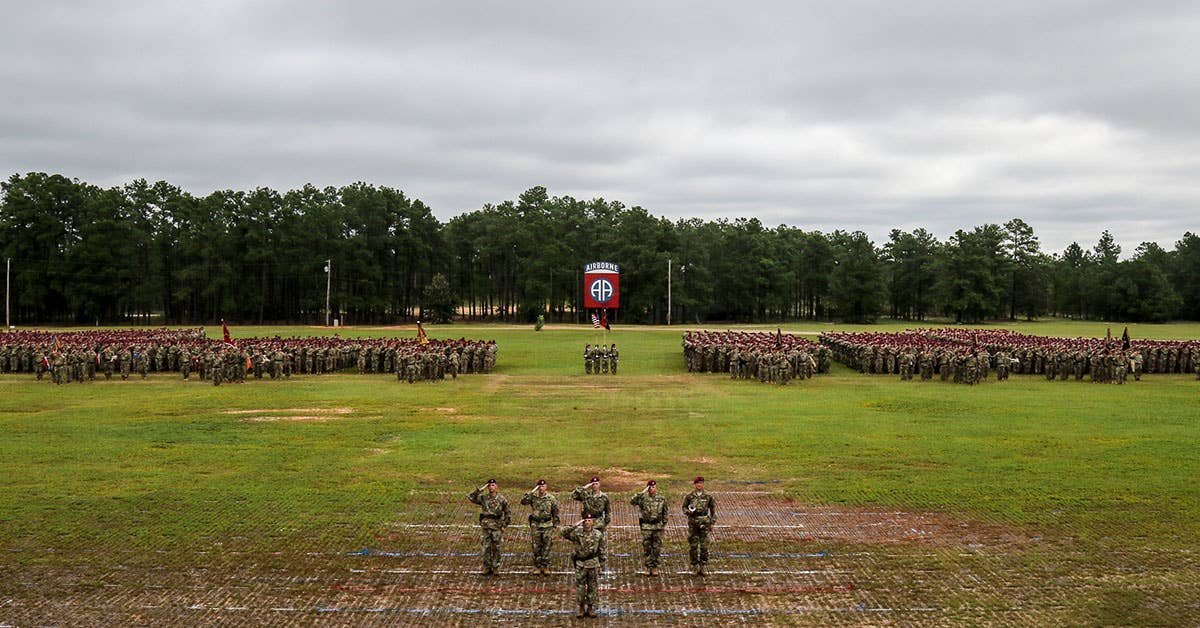 Soldiers of 82nd Airborne Division conduct a change of command ceremony at Pike Field, Fort Bragg. Army photo by Sgt. Juan F. Jimenez.