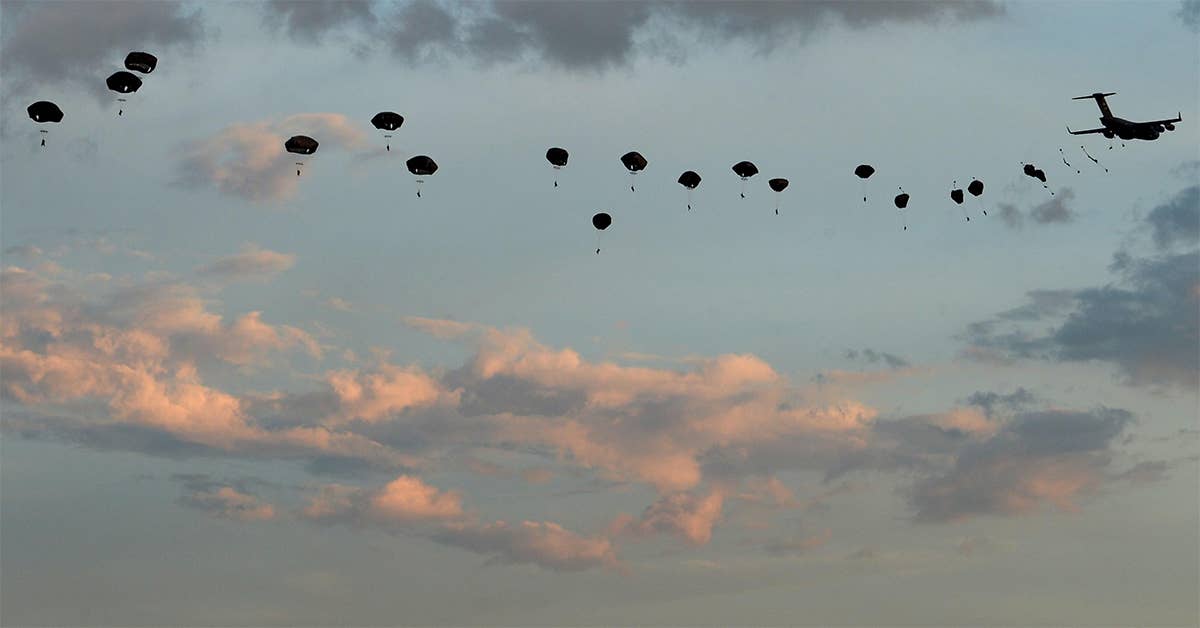 Members of the 82nd Airborne Division jump from a C-17 Globemaster III. USAF photo by Senior Airman Ericka Engblom.