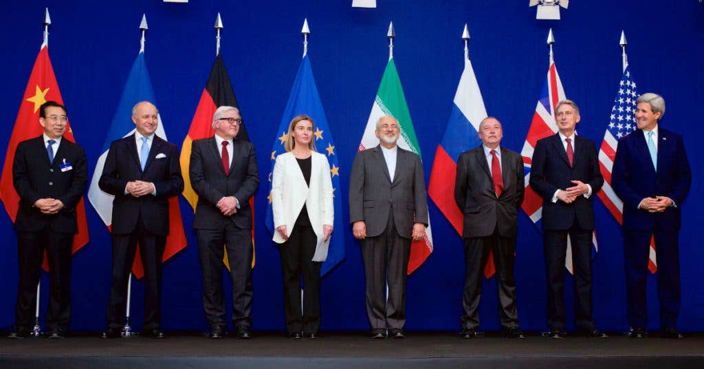 Ministers of foreign affairs and other officials from the P5+1 countries, the European Union and Iran while announcing the framework of a Comprehensive agreement on the Iranian nuclear program, 2015. Photo from US Department of State.