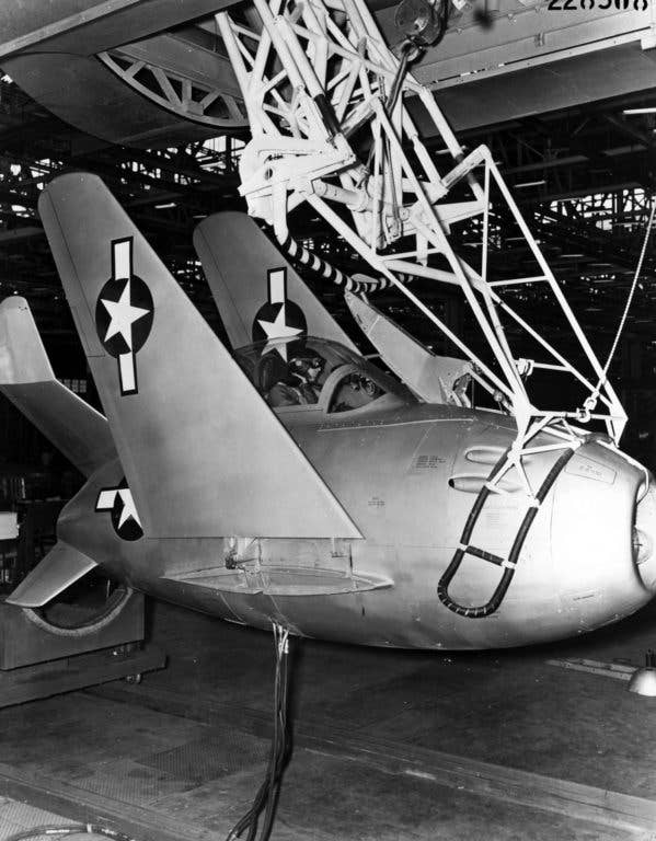 To fit inside the parent aircraft's bomb bay, the XF-85's wings folded up. (U.S. Air Force photo)