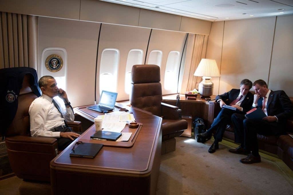 Obama on the phone with Israeli Prime Minister Benjamin Netanyahu aboard Air Force One en route to New Orleans in 2013. (Photo: The White House)
