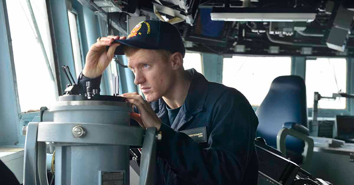 Ensign Ryan Montgomery, from Los Angeles, stands the conning officer watch on the bridge aboard the Arleigh Burke-class guided-missile destroyer USS Winston S. Churchill (DDG 81). Navy photo by Mass Communication Specialist 3rd Class Stephane Belcher.