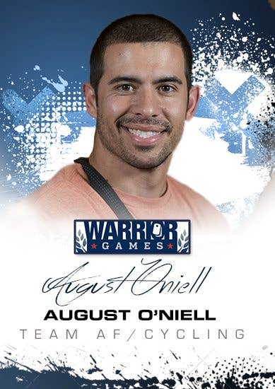 August O'Niell 2014 Warrior Games athlete profile trading card. The Air Force designed these player cards to highlight the participants in the 2014 games. Warrior Games is a competition for wounded, injured and ill service members and veterans to create competitive sports opportunities for injured service members. The games will take place Sept. 28 - Oct. 4 utilizing venues at the U.S. Olympic Training Center and the U.S. Air Force Academy in Colorado Springs, Colo. View each athlete's full profile and other Warrior Games news on www.af.mil. (U.S. Air Force graphic/Corey Parrish)