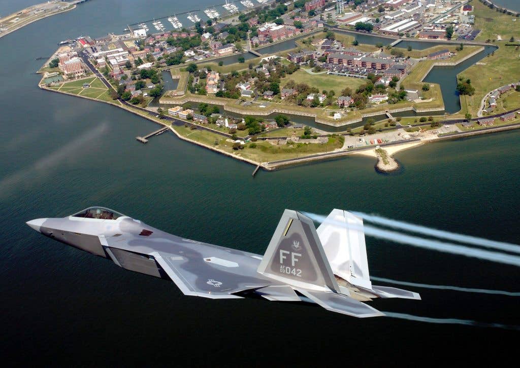 Lt. Col. James Hecker flies over Fort Monroe before delivering the first operational F/A-22 Raptor to its permanent home at Langley Air Force Base, Va., on May 12, 2005. This is the first of 26 Raptors to be delivered to the 27th Fighter Squadron. The Raptor program is managed by the F/A-22 System Program Office at Wright-Patterson AFB, Ohio. Colonel Hecker is the squadron's commander. (U.S. Air Force photo/Tech. Sgt. Ben Bloker)