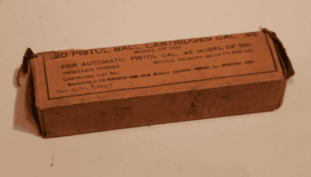 This box of .45 ACP ammo was manufactured by Remington in 1918, when the M1911 was seven years old. (Youtube screenshot)