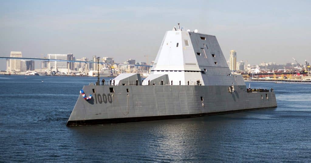 The guided-missile destroyer USS Zumwalt (DDG 1000) arrives at its new homeport in San Diego. Zumwalt, the Navy's most technologically advanced surface ship, will now begin installation of combat systems, testing and evaluation, and operation integration with the fleet. (U.S. Navy photo by Petty Officer 3rd Class Emiline L. M. Senn)