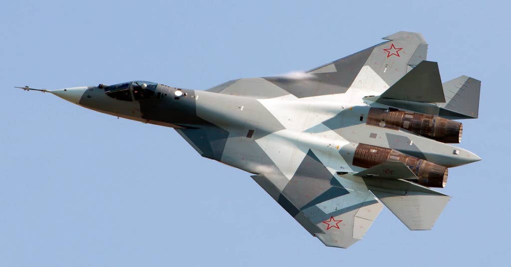 A Russian Su-57 in flight. Wikimedia Commons photo by Alex Beltyukov.