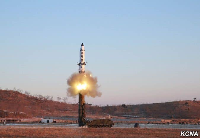 KCNA, the state run media out of North Korea, released a photo of what it claims is the launch of a surface-to-surface medium long range ballistic missile. (Photo from KCNA).