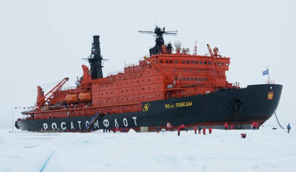 The Russian nuclear icebreaker '50 let Pobedy' in the Arctic. (Photo from Wikimedia Commons)