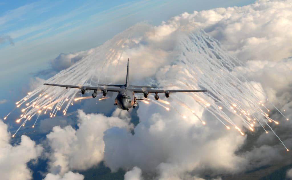 An AC-130U Gunship aircraft from the 4th Special Operation Squadron jettisons flares over an area near Hurlburt Field, Fla., on Aug. 20, 2008. The flares are used as a countermeasure to heat-seeking missiles that can track aircraft during real-world missions. (Air Force photo/Senior Airman Julianne Showalter)