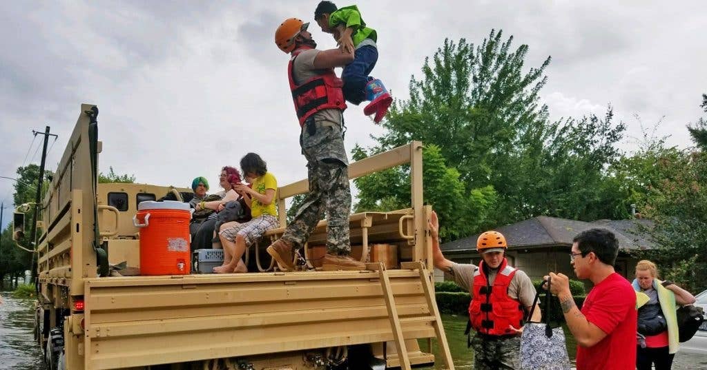 Texas National Guard soldiers arrive in Houston, Texas to aid citizens in heavily flooded areas from the storms of Hurricane Harvey. (Photo by Lt. Zachary West, 100th MPAD)