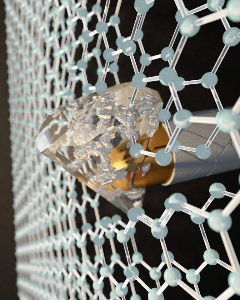 By applying pressure at the nanoscale with an indenter to two layers of graphene, each one-atom thick, CUNY researchers transformed the honeycombed graphene into a diamond-like material at room temperature. (Photo by Ella Maru Studio)