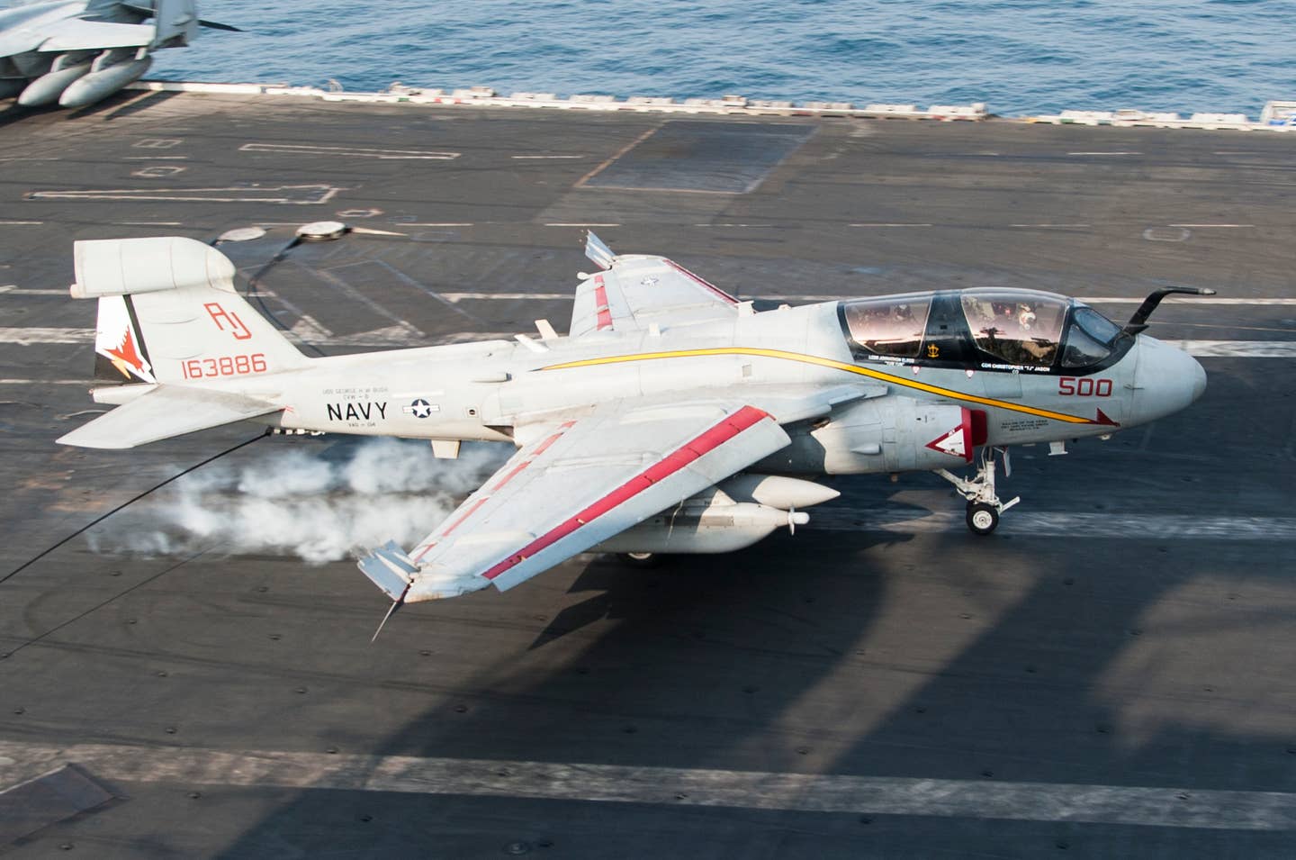 An EA-6B Prowler assigned to the Garudas of Electronic Attack Squadron (VAQ) 134 lands on the flight deck of the aircraft carrier USS George H.W. Bush (CVN 77). (U.S. Navy photo by Mass Communication Specialist 3rd Class Brian Stephens)