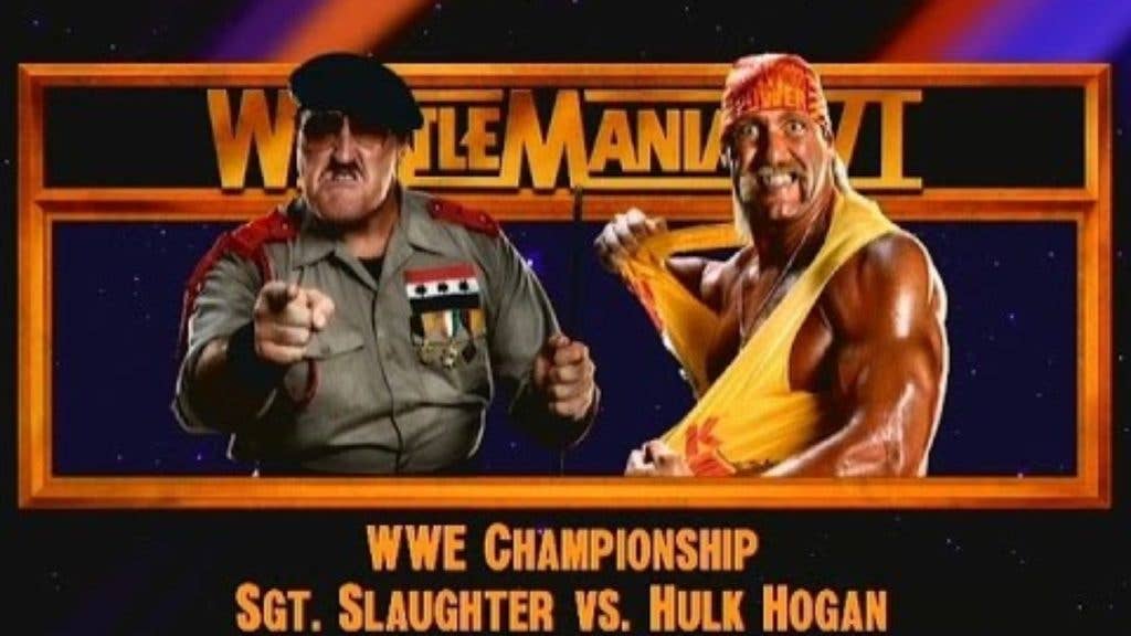 A WWE wrestling poster featuring Sgt. Slaughter vs. Hulk Hogan