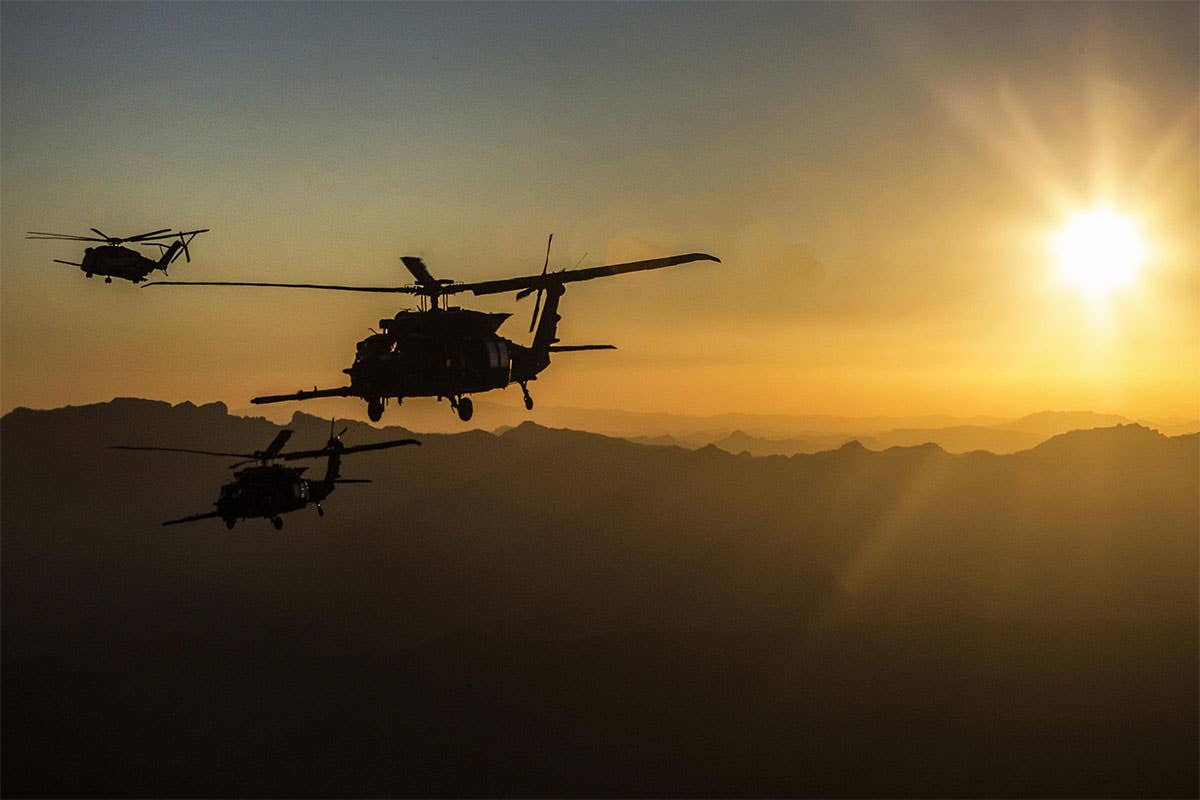A pair of U.S. Army MH-60M Blackhawks fly in formation with a U.S. Marine Corps CH-53E Super Stallion. There is a chance that the nine Blackhawks being purchased by the Royal Saudi Land Forces Airborne Special Security Forces could be equipped with some of the same technologies in the MH-60s used by the 160th Special Operations Aviation Regiment. (U.S. Marine Corps photo by Sgt. Allison Lotz)