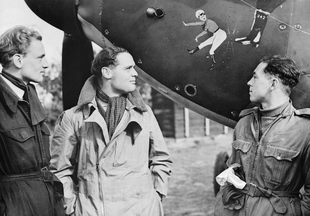 Squadron Leader Douglas Bader (center) and fellow pilots of No. 242 Squadron. (Image from Wikimedia Commons)